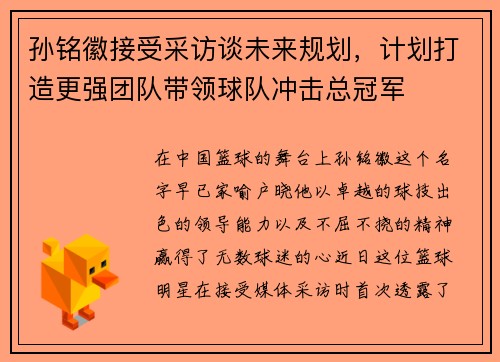 孙铭徽接受采访谈未来规划，计划打造更强团队带领球队冲击总冠军